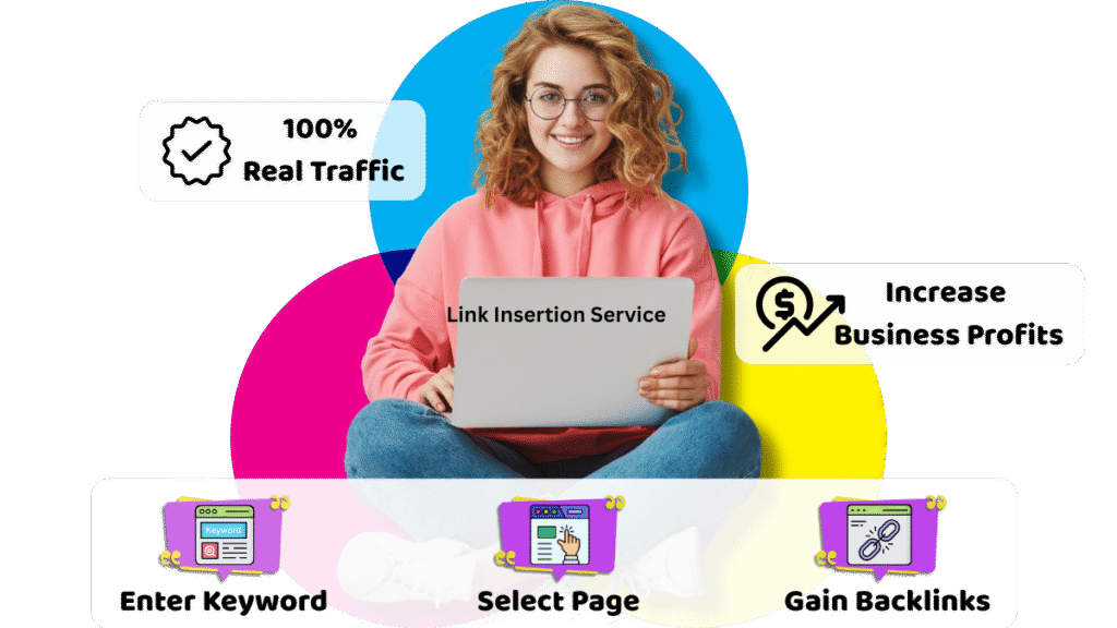 Smiling woman using laptop representing link insertion service that helps increase business profits through real traffic and backlinks