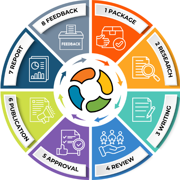 Process diagram showing stages from package to feedback