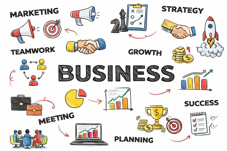 Business strategy illustration showing marketing, teamwork, planning, growth, success,