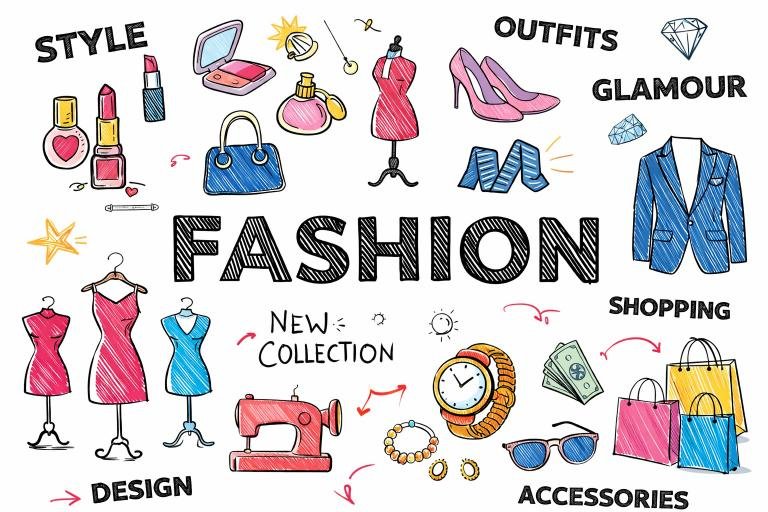 Fashion Collage showing clothing, accessories, makeup, handbags, shoes, shopping bags.