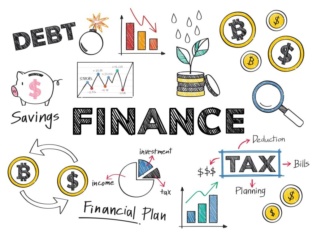 Finance guest posting service illustration featuring savings, investments, tax planning, debt management, and financial growth analytics.