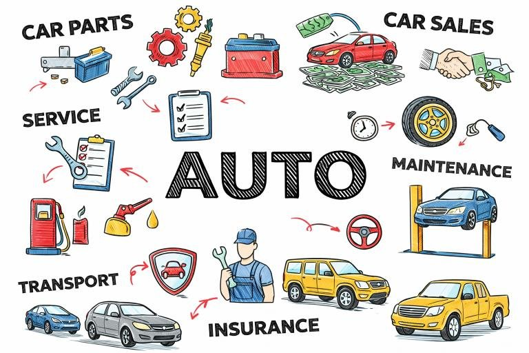Auto industry illustration showing car parts, car sales, service, maintenance, transport, and insurance with colorful icons and vehicles.