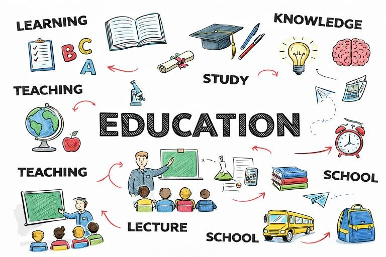 Education concept showing learning, teaching, study, school with icons like books, classroom, students, and school bus.