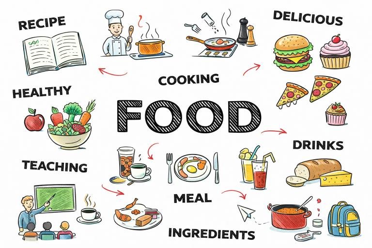 Food illustration showing recipes, cooking, healthy meals, ingredients, drinks, and delicious dishes in a colorful hand-drawn style infographic.