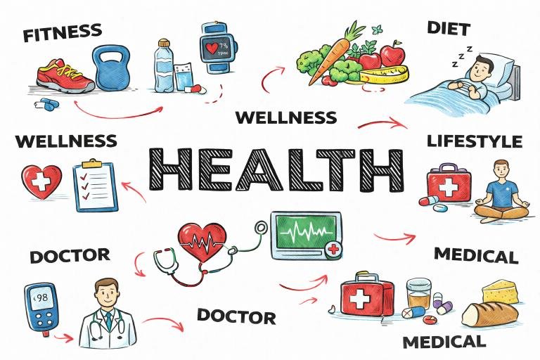 Health showing fitness, diet, wellness, lifestyle, and medical care.