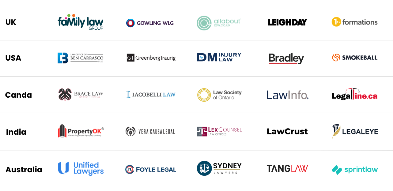 Logos of global law firms and legal service companies displayed on a dark background