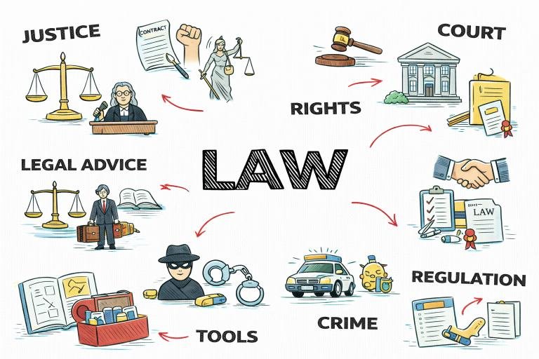 Illustration of “LAW” surrounded by icons of justice scales, court, legal advice, crime, regulation, and law tools